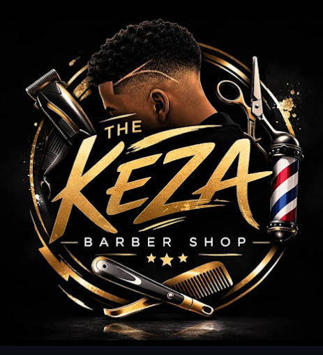 The Keza Barber Shop logo with clippers, scissors, comb and barber pole
